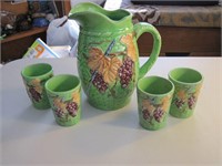 Vintage Grape Pattern Pitcher & 4 Cup Set