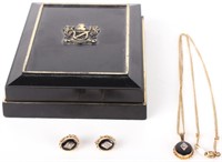 14K YELLOW GOLD ONYX LADIES NECKLACE & EARRINGS