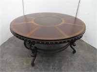 Large Decorative Round Wood & Metal Coffee Table