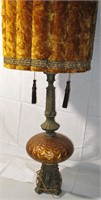 Cast Spelter & Quezal Glass Lamp w/ Faux Fur Shade