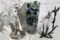 Lot of 3 Hummingbird and Tulip Glass/Metal Vases