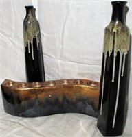 2 Tall Brown Drip Jars and Votive Candle Holder