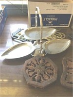 Vintage Wood Pot Holders, Cast Iron, Serving Dish