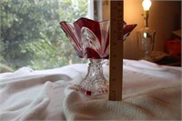 Glass candy dish w/red stripes