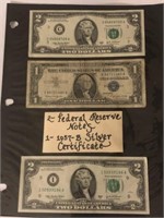 2 FEDERAL RESERVE NOTES, 1-1957 SILVER CERT.