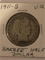 1911-S BARBER HALF DOLLAR-V.G.