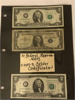 2 FEDERAL RESERVE NOTES, 1-1957 SILVER CERT.
