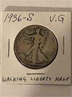 1936-S WALKING LIBERTY HALF DOLLAR-V.G.