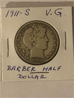1911-S BARBER HALF DOLLAR-V.G.