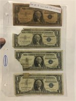 4 1957 $1 SILVER CERTS, LOW GRADE