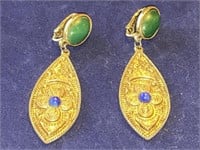 Gold Tone Earrings with Green Stone