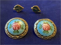 2 Pair Vintage Earrings Rosebud and Leafs