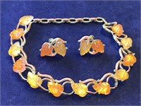 Vintage Leaf Design Bracelet and Earrings Signed