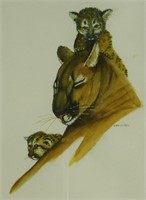 Evan Miller Lioness & Cubs Watercolor on Paper