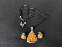 Signed Sterling Indian Inlay Pendent & Earrings