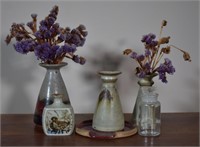 6 pcs. Art Pottery Vases & Glass Bottle w/ Stopper