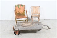 Chippy Vintage Metal Patio Chair, Cart & Wood Chai