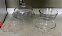 Glass cake display and mixing bowls