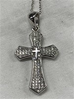 Sterling Silver Necklace w/ White Stone Cross