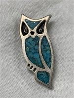 Sterling Silver Owl Pendant w/ Inlaid Turquoise