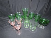 12 Piece Pink  & Green Depression Glassware