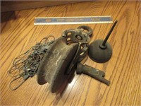 Antique Cast & Wood Pulley, Oil Can, Stewart Water