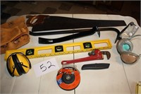 Crow Bars, Level, Hand Saw, Tool Pouch