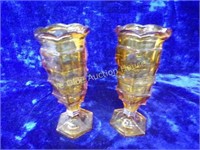 Pr Amber Depression Glass Vases