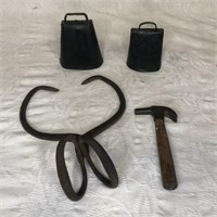 Ice tongs, 2 cow bells, black smith's hammer