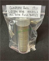 Coins - complete roll 1911 liberty head nickels,