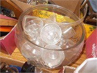 Glass Punch Bowl w/Ladel & Cups