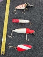 4 vtg Red & white Lures Hot N' Tot & Lazy Ike 2