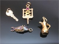 (4) 10KT/14KT GOLD CHARMS, ENAMEL FISH, KEY,