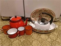 Orange Enamelware Coffee Pot, Cups & More