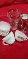 Crystal vase and assorted coffee cups