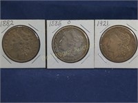 1882, 1885-O, & 1921 MORGAN SILVER DOLLARS