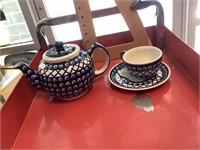Boleslowiec Polish Pottery cup,saucer,teapot