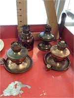 Assorted kerosene lamp pieces in wooden box