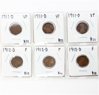Coin Sheet W/ 6 Lincoln Cents - 1911 & 1912