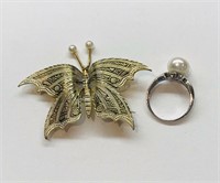 Vintage Butterfly Pin and Pearl Ring