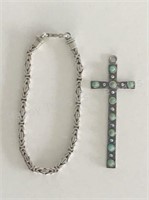 Silver Bracelet & Cross w/Turquoise Beads