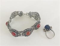 Silver Bracelet w/Red Stones & Silver Ring