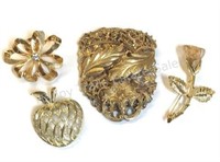 Lot of 4 Gold Tone Brooches