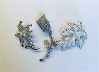 3 Vintage Silver Toned Floral Brooches
