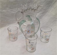Hand Painted Pitcher w/ 3 Glasses