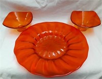 Large Hand Blown Plate and 2 Bowls