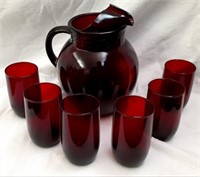 Ruby Red Pitcher and 6 Glasses