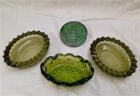 3 Green Art Glass Ash Trays and ICGA Medallion