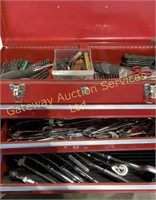 Red Metal Tool Box with Assorted Tools...