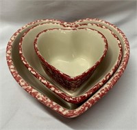 Set of 3 Stacking Red Spongeware Heart Bowls